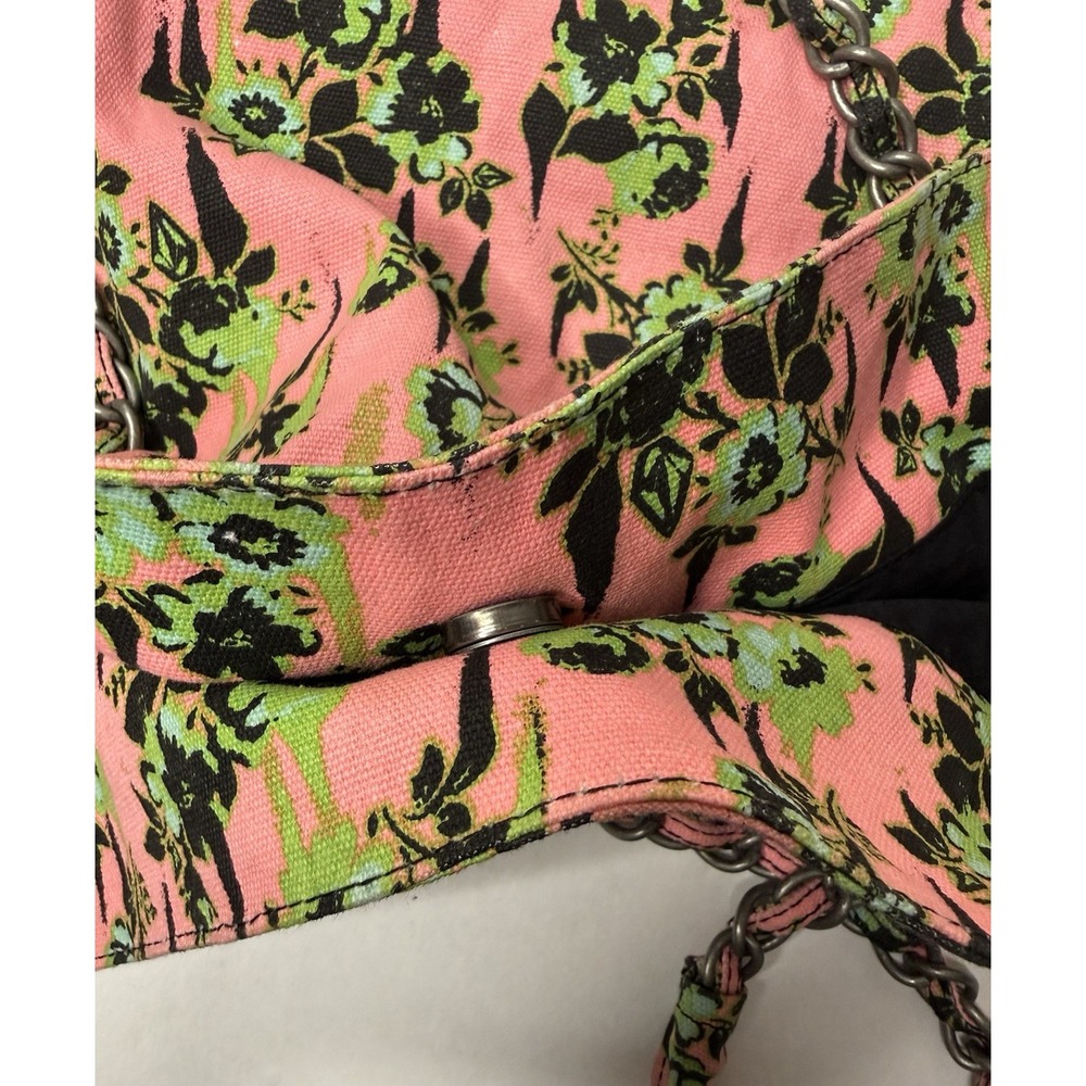 Volcom 2000s Pink Green Floral Large Tote Bag Chain Handles Hobo Beach Casual - Picture 16 of 16
